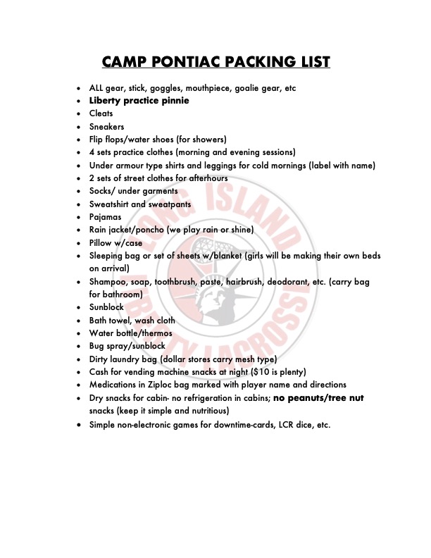 CAMP PONTIAC PACKING LIST LIBERTY CAMP PONTIAC PACKING LIST LIBERTY